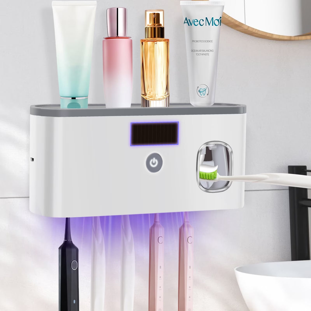 UV Toothbrush Holder for Bathrooms,5-Slot Wall Mount Toothbrush Timing Function Wall Mounted with Toothpaste Dispenser for Electric / Regular Toothbrush
