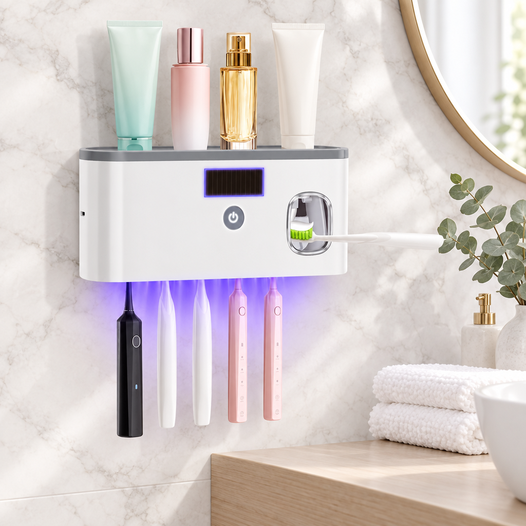 White UV toothbrush holder with toothpaste dispenser mounted on a marble bathroom wall