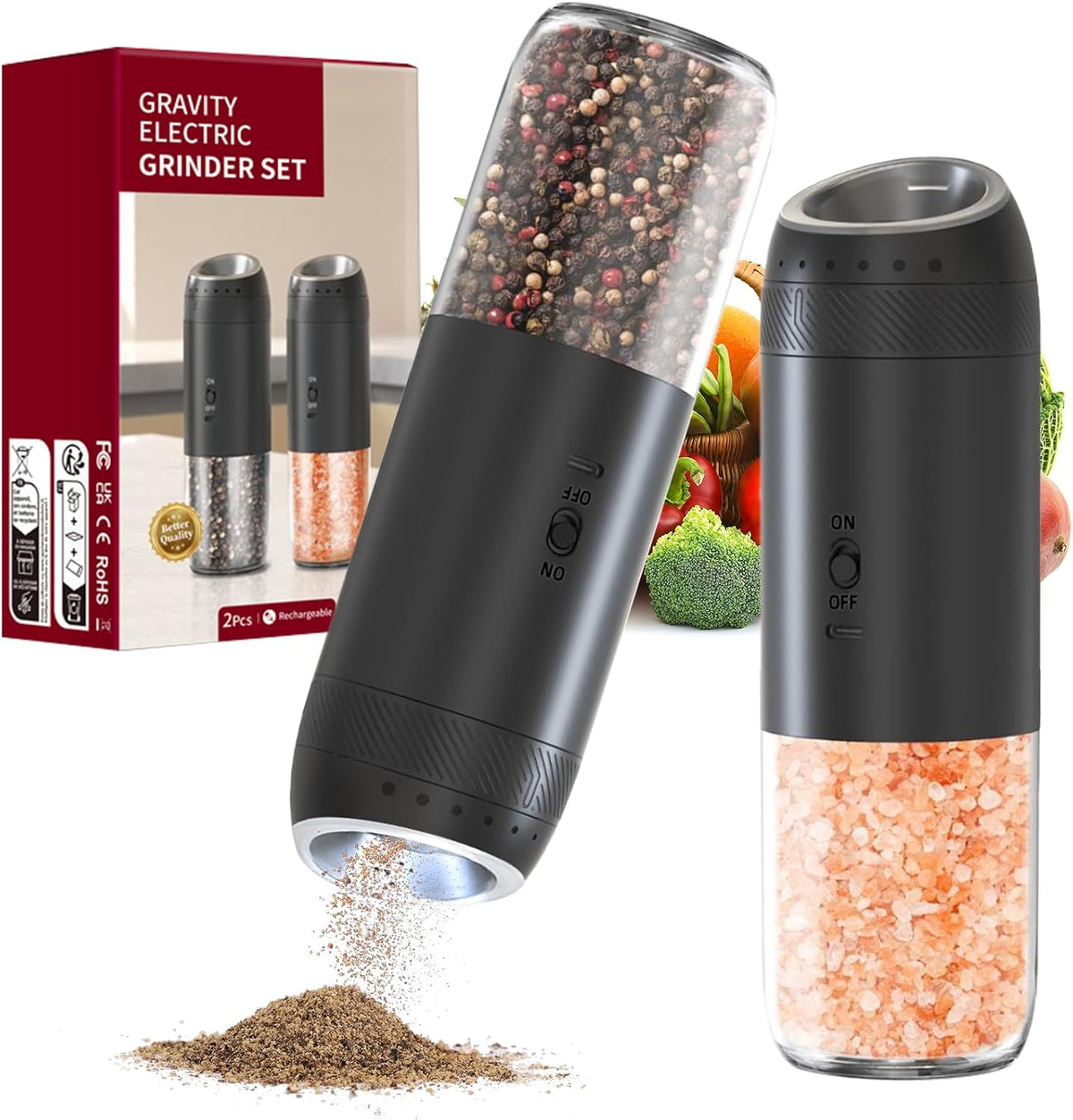 Gravity electric salt and pepper grinder set