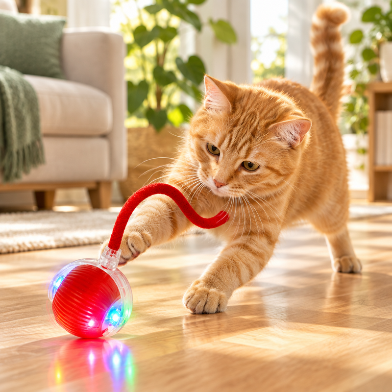 Interactive Electric Automatic Rolling Moving Rechargeable Self Play Stimulation Toy,Smart Pet Chase Ball with Speedy Tail Rope for Bored Indoor Cats Enrichment,Stimulating Dogs Toy (Red)