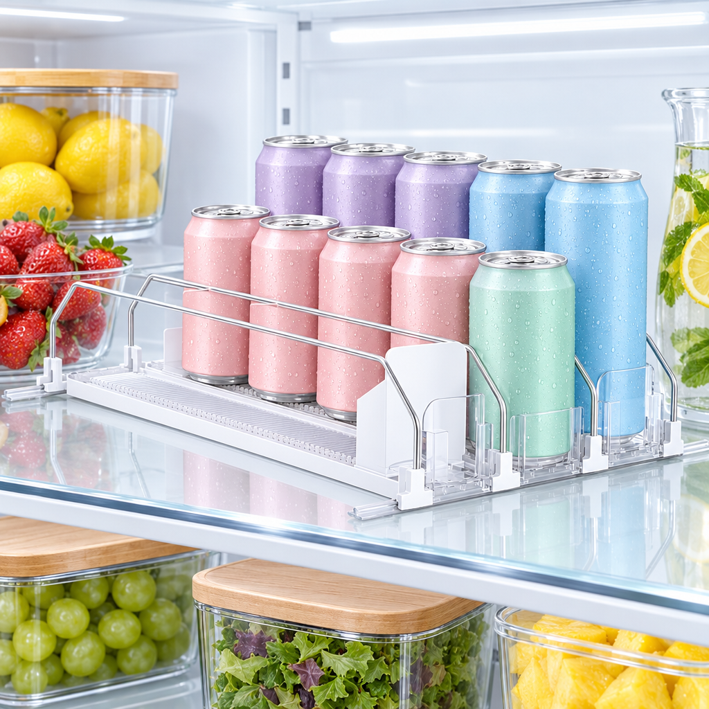 Clear 3-row self-pushing drink organizer with pastel cans on a refrigerator shelf