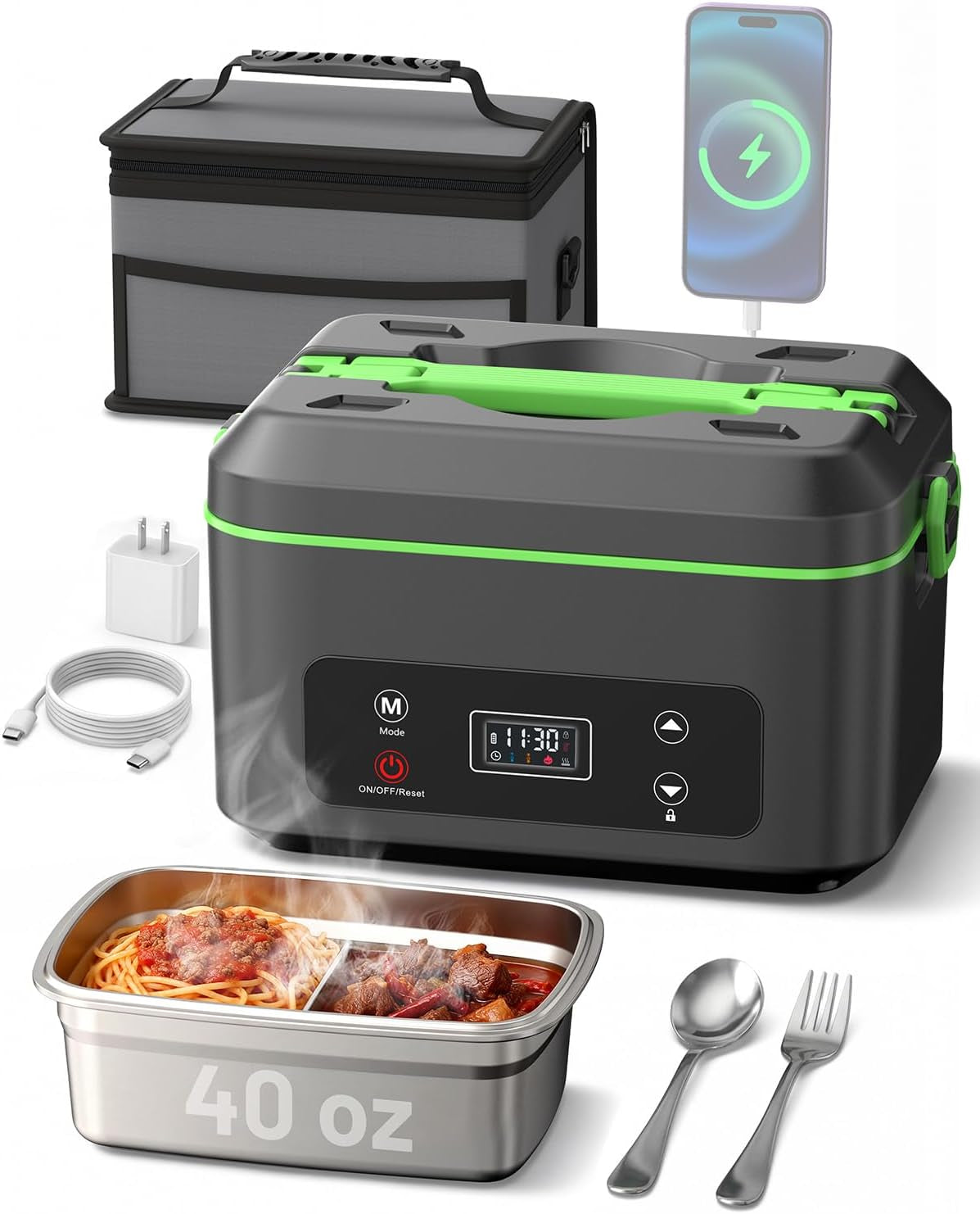 Heated Lunch Box, 100W Cordless Electric Lunchbox with Scheduled Heating and Leakproof 1.2L Battery Operated Food Warmer for Car Travel Jobsite, Portable for Truck Drivers Workers Adults